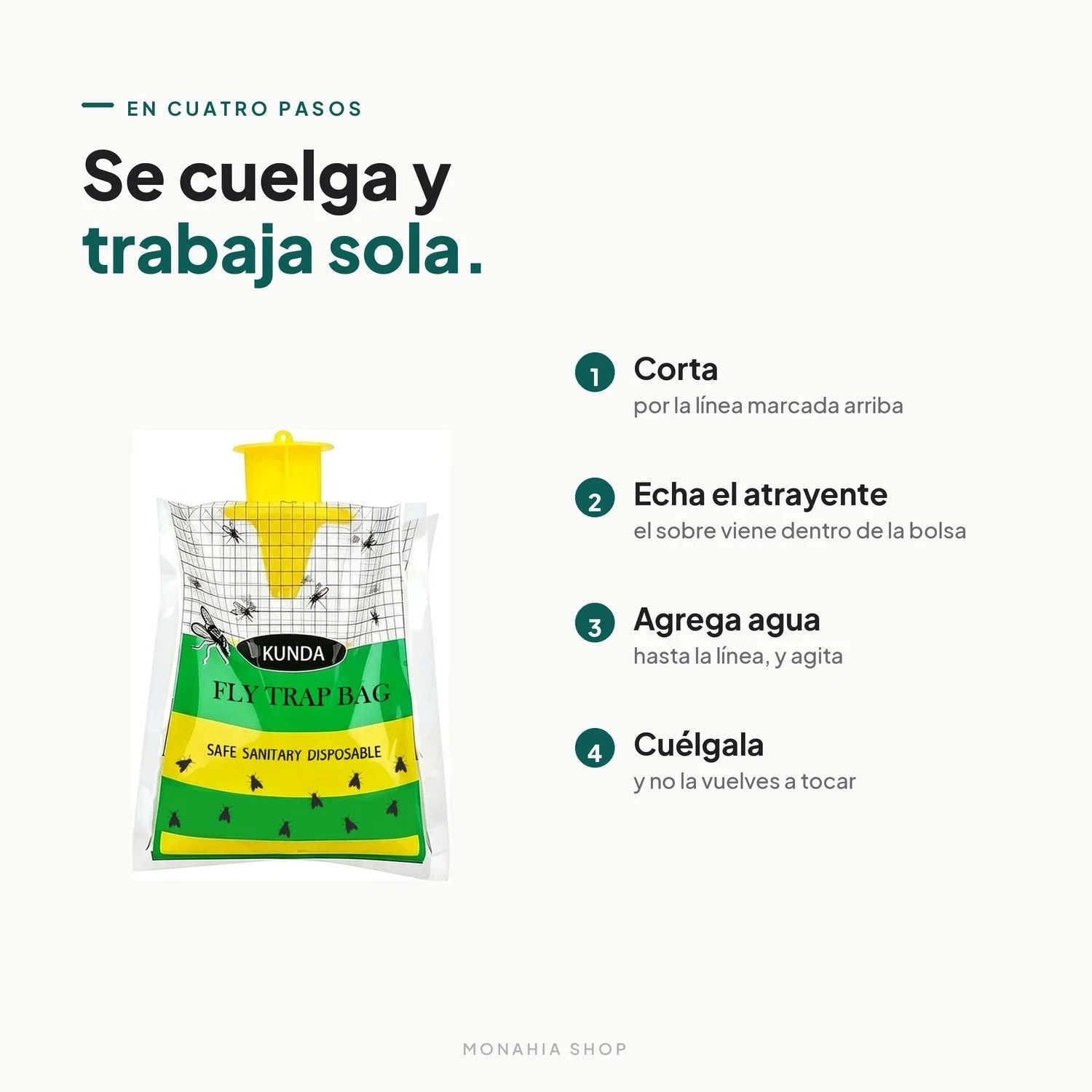 Cómo funciona en cuatro pasos: cortar, echar el atrayente, agregar agua y colgarla